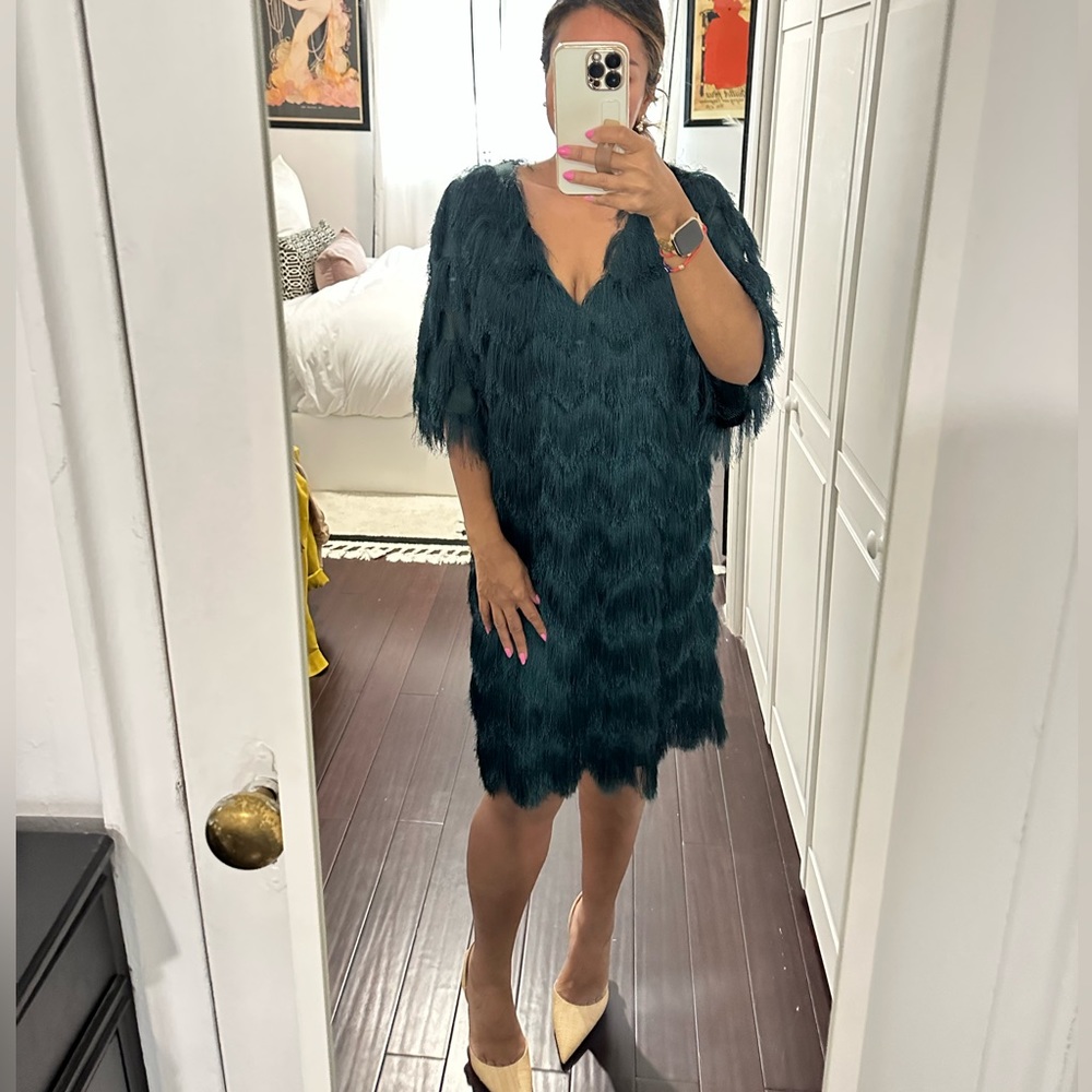 Green retro fringe mini dress